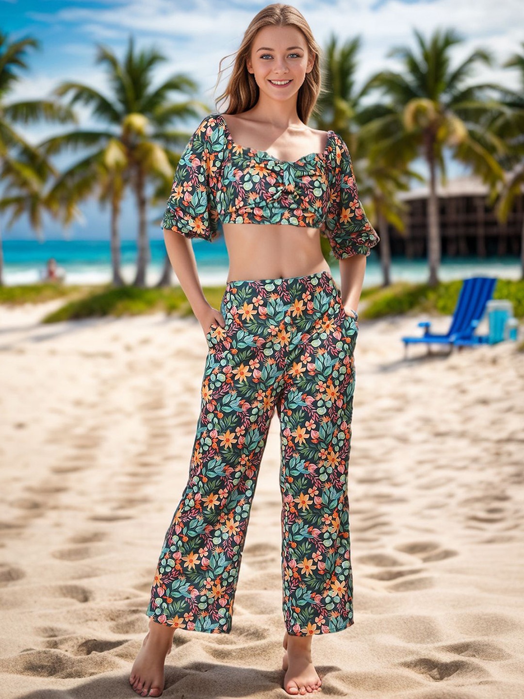 

Ziva Fashion Floral Printed Crop Top With Trousers, Green