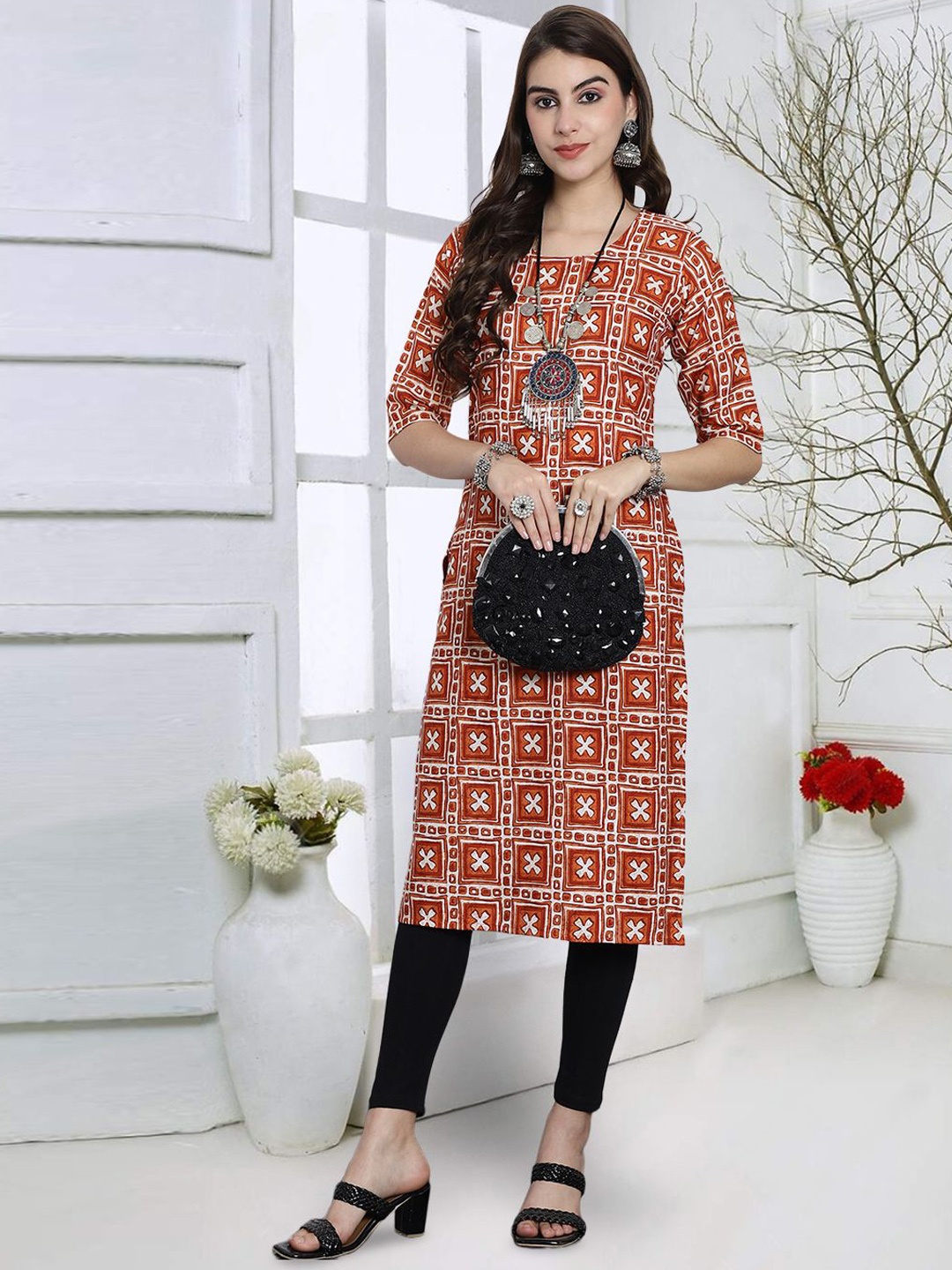 

7Threads Geometric Printed Round Neck Straight Kurta, Brown