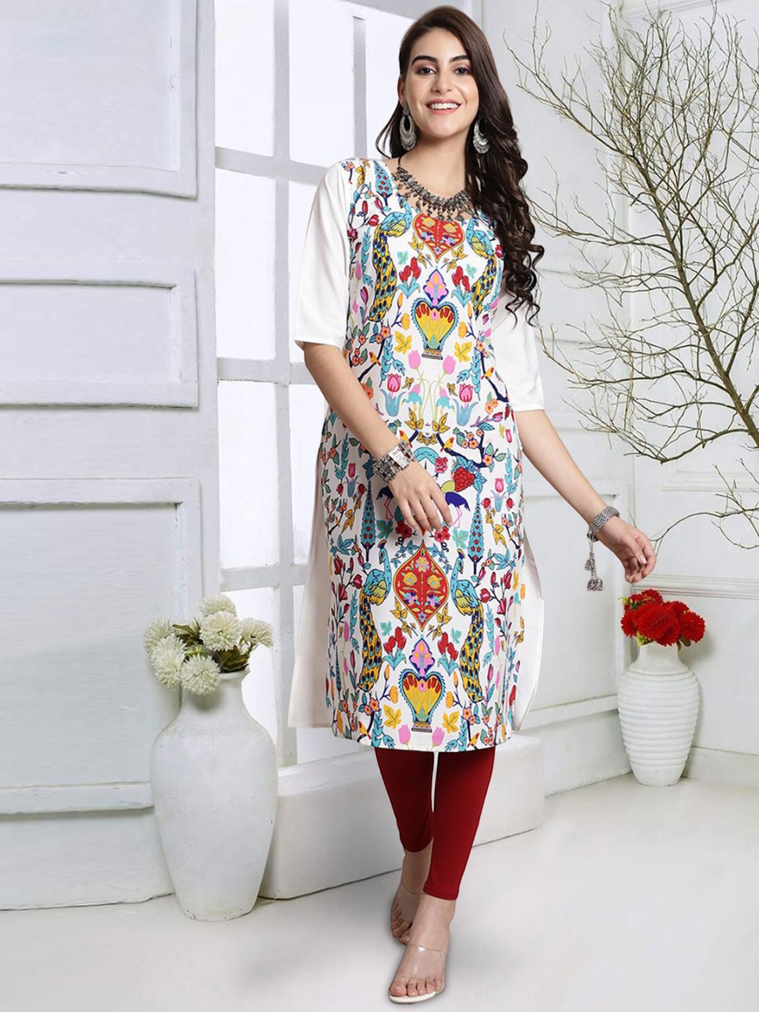 

7Threads Ethnic Motifs Printed Straight Kurta, White