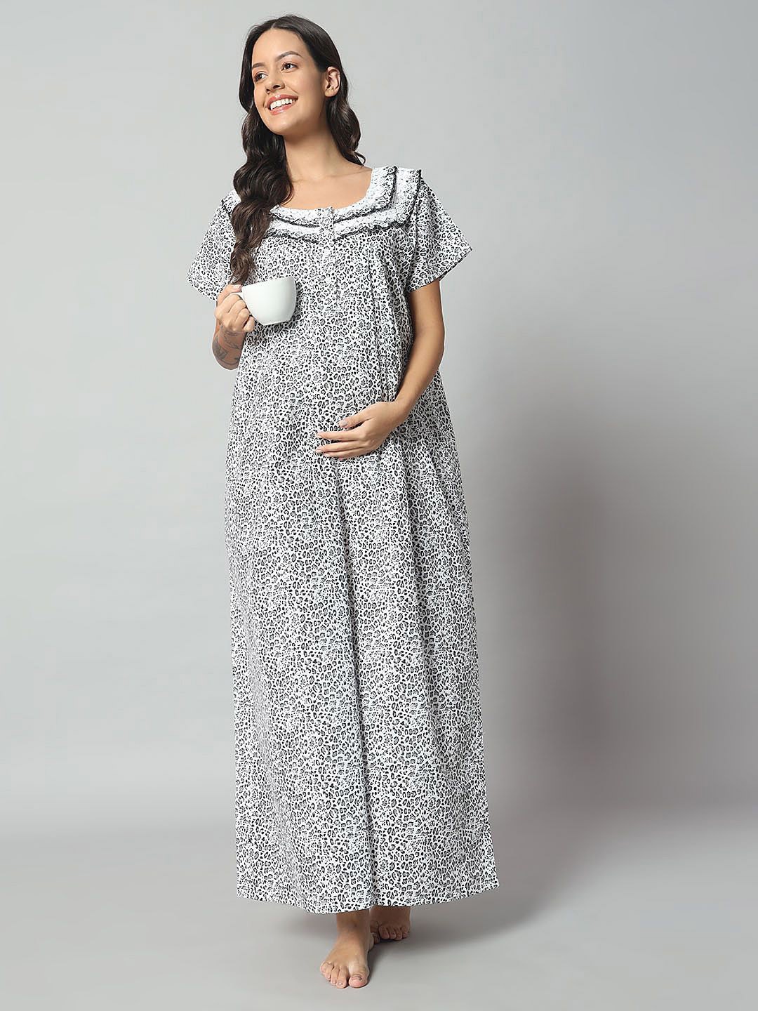 

SEPHANI Women Animal Printed Pure Cotton Maxi Nightdress, Grey