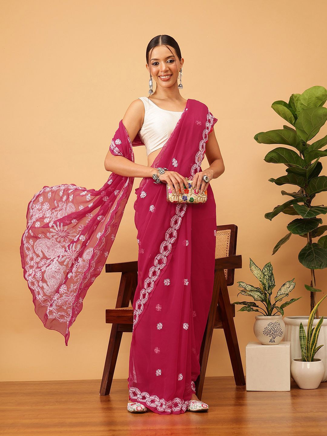 

ADA Ethnic Motifs Embroidered Saree with blouse piece, Magenta