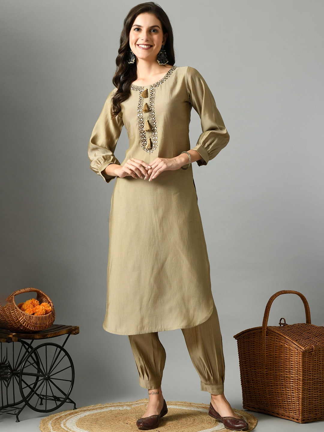 

Sangria Biege Floral Yoke Design Embroidere Mirror Work Straight Kurtas With Salwar, Beige