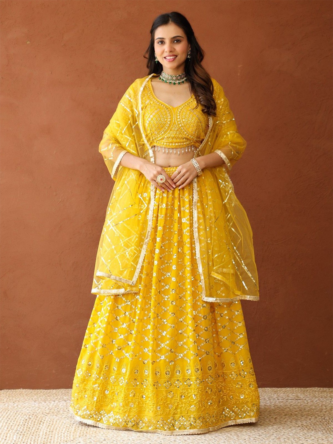 

Futra Gabha Embroidered Sequinned Ready to Wear Lehenga & Blouse With Dupatta, Yellow