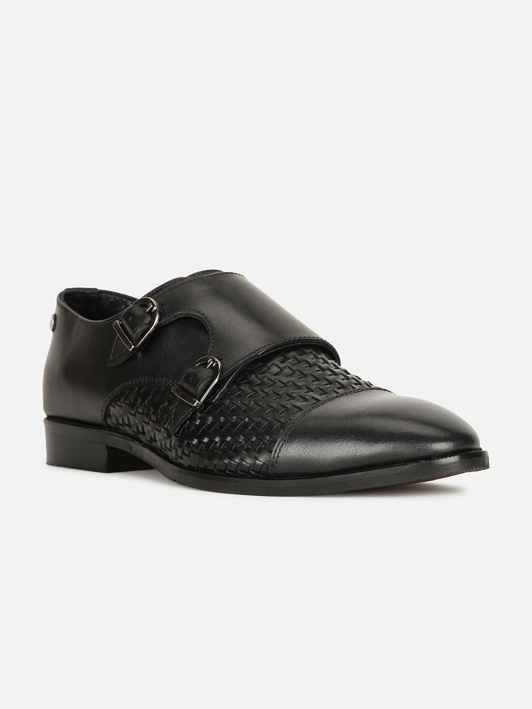 

Carlton London Men Textured Leather Formal Monk Shoes, Black