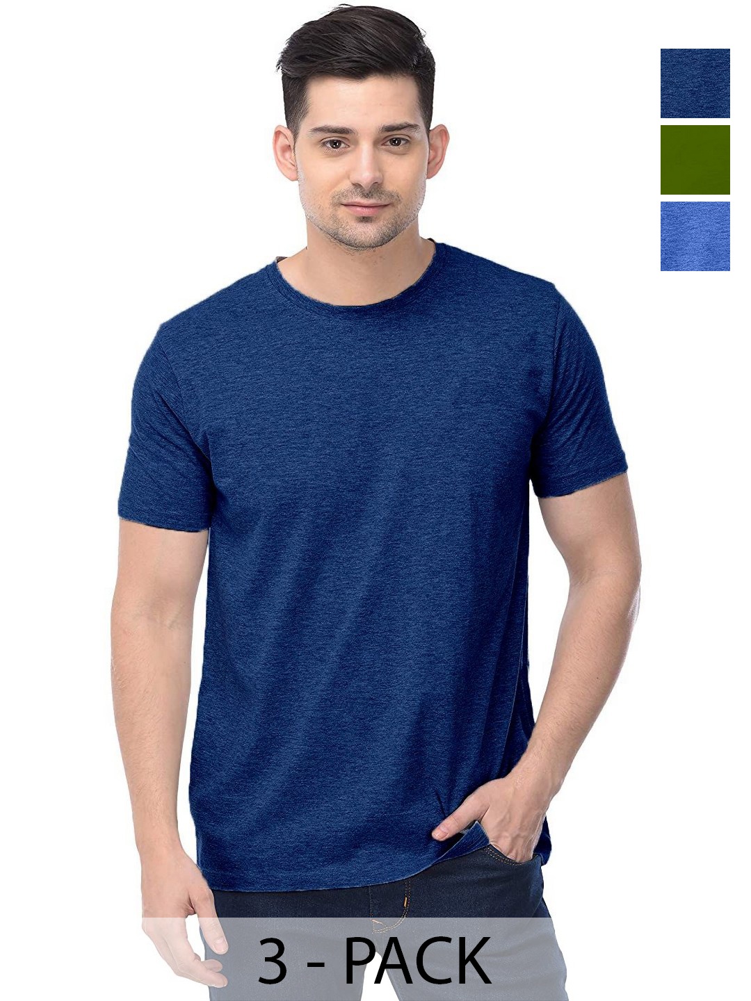 

COLOR CAPITAL Unisex Pack Of 3 Solid Round Neck Cotton T-shirts, Navy blue