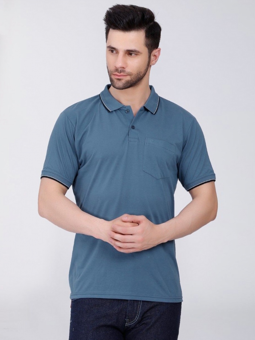 

ARRAY Men Solid Polo Collar Cotton T-shirt, Blue