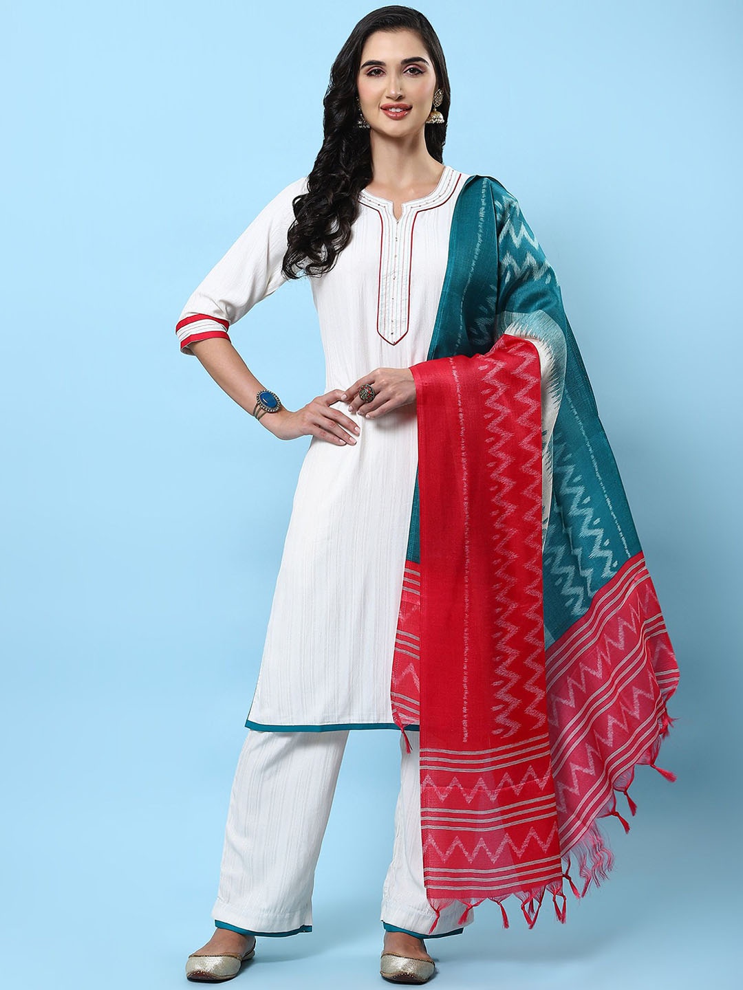 

Shree Sequinned Straight Kurta With Trousers & Dupatta, White