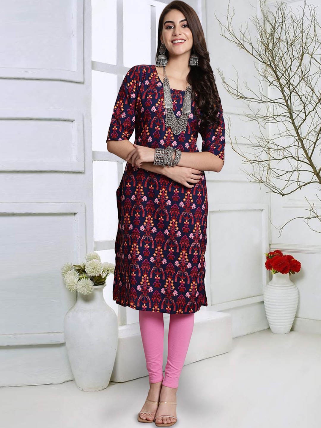 

7Threads Ethnic Motifs Printed Straight Kurta, Blue