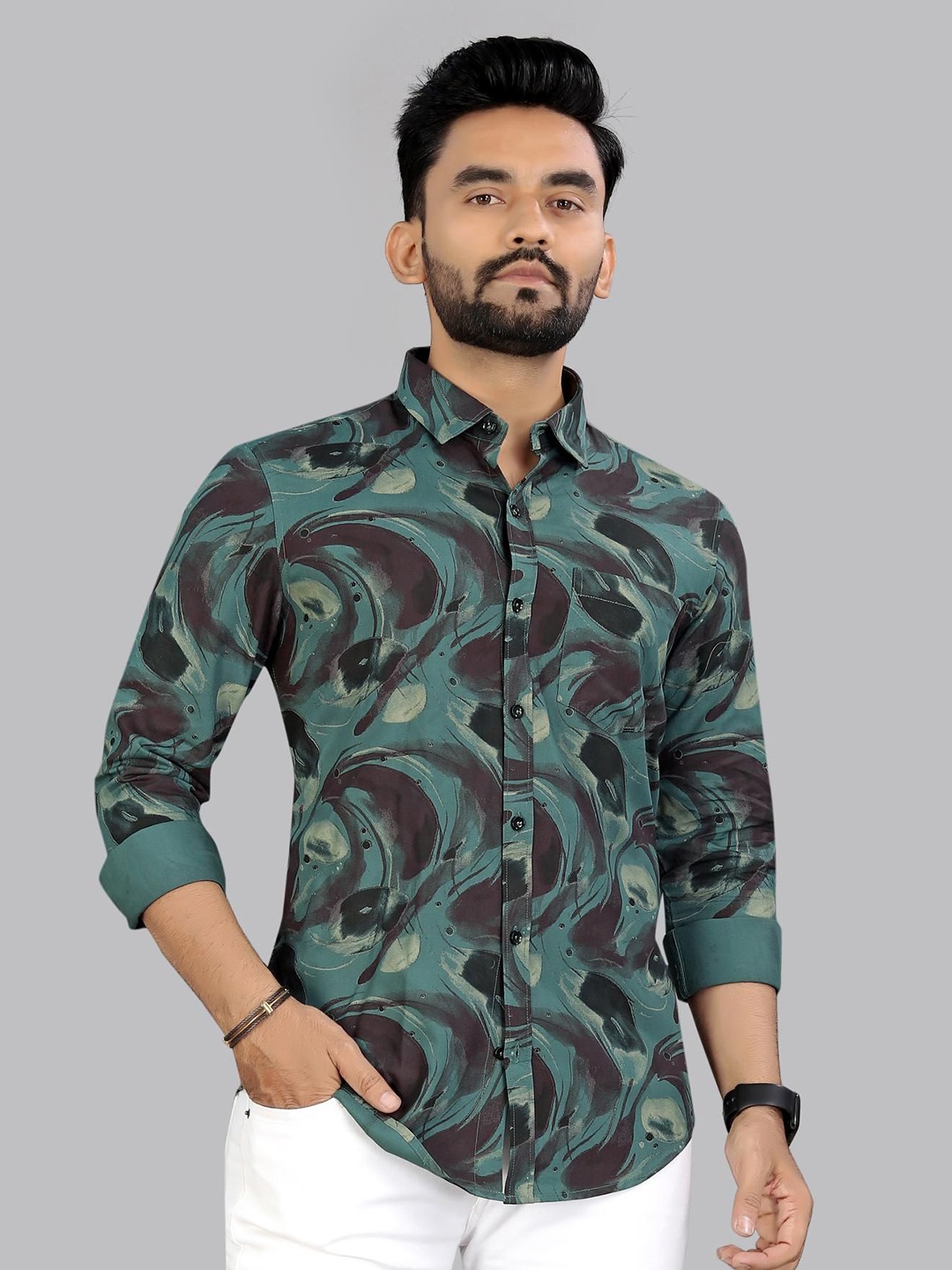 

ADWYN PETER Men Classic Spread Collar Abstract Printed Cotton Casual Shirt, Green