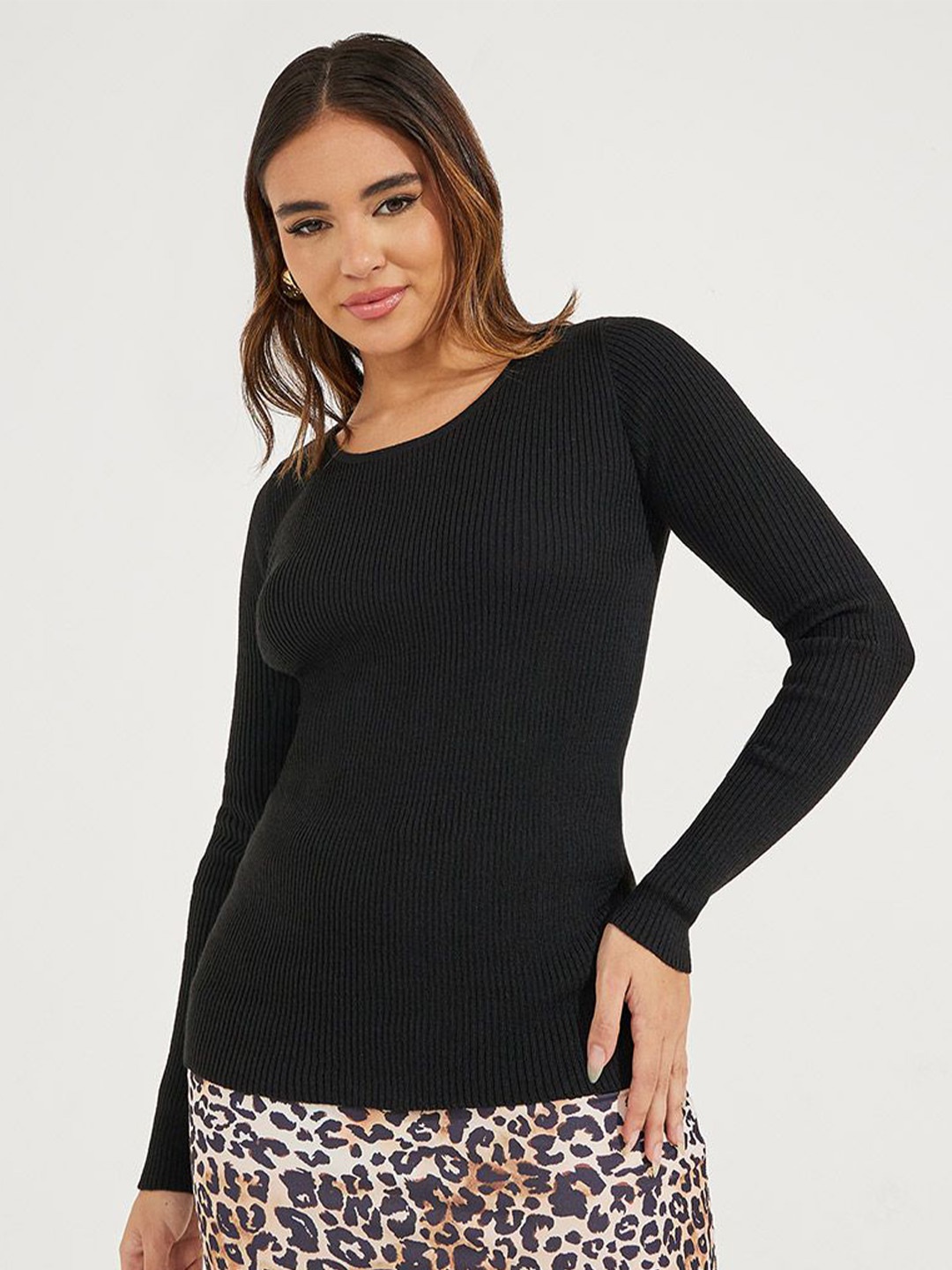 

Styli Ribbed Fitted Regular Length Round Sweater, Black