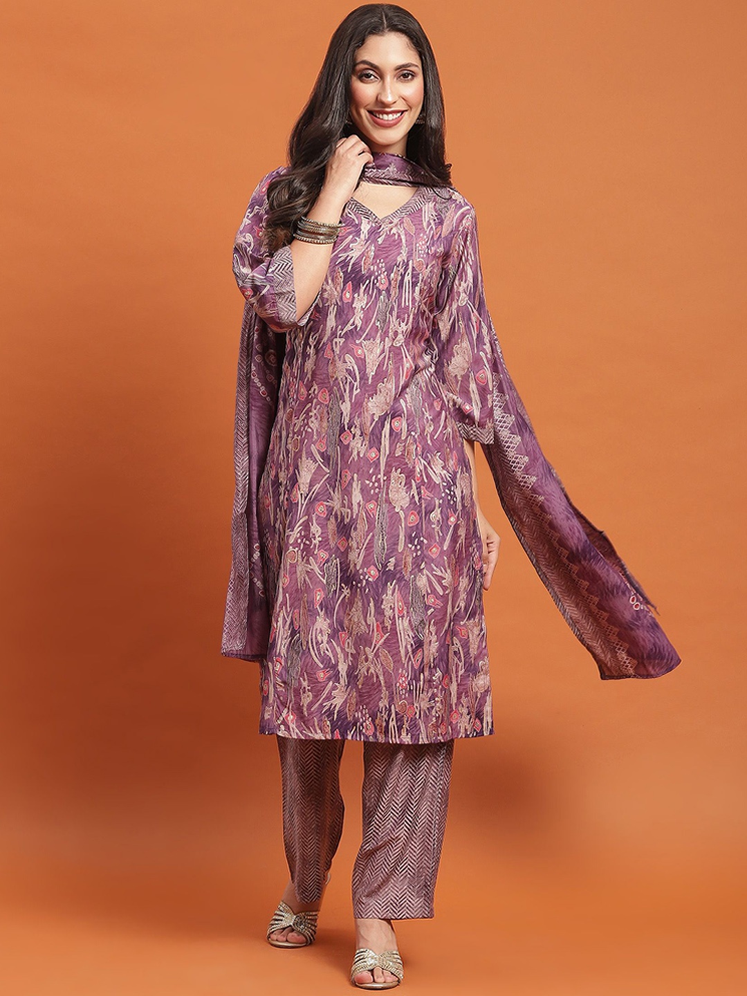 

Shree Abstract Printed V-Neck Kurta With Palazzos & Dupatta, Purple