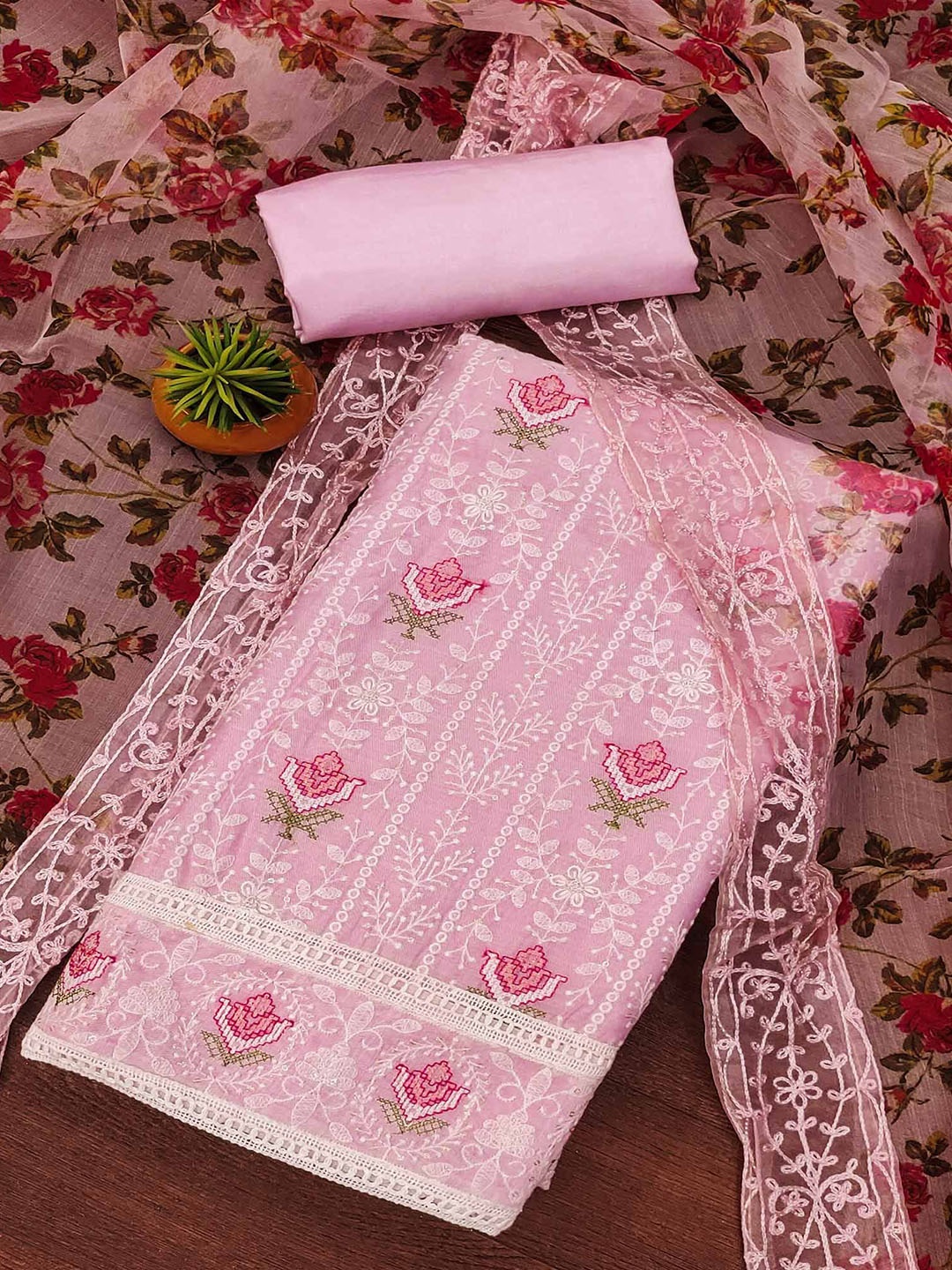 

Peachmode Embroidered Pure Cotton Unstitched Dress Material, Pink