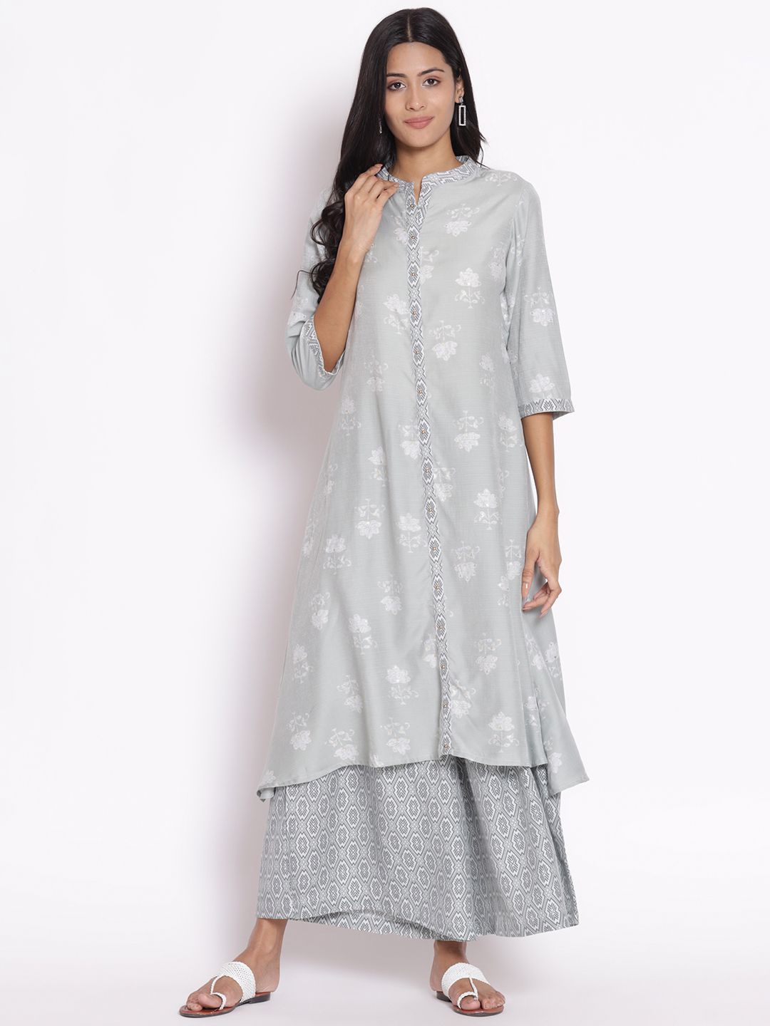 

Shree Floral Printed Regular Beads and Stones Liva A-Line Kurta with Palazzos, Grey