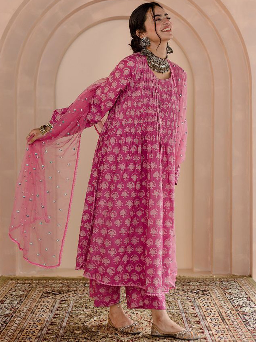 

GulaboJaipur Floral Printed Pleated Pure Cotton Straight Kurta with Pyjama & Dupatta, Pink
