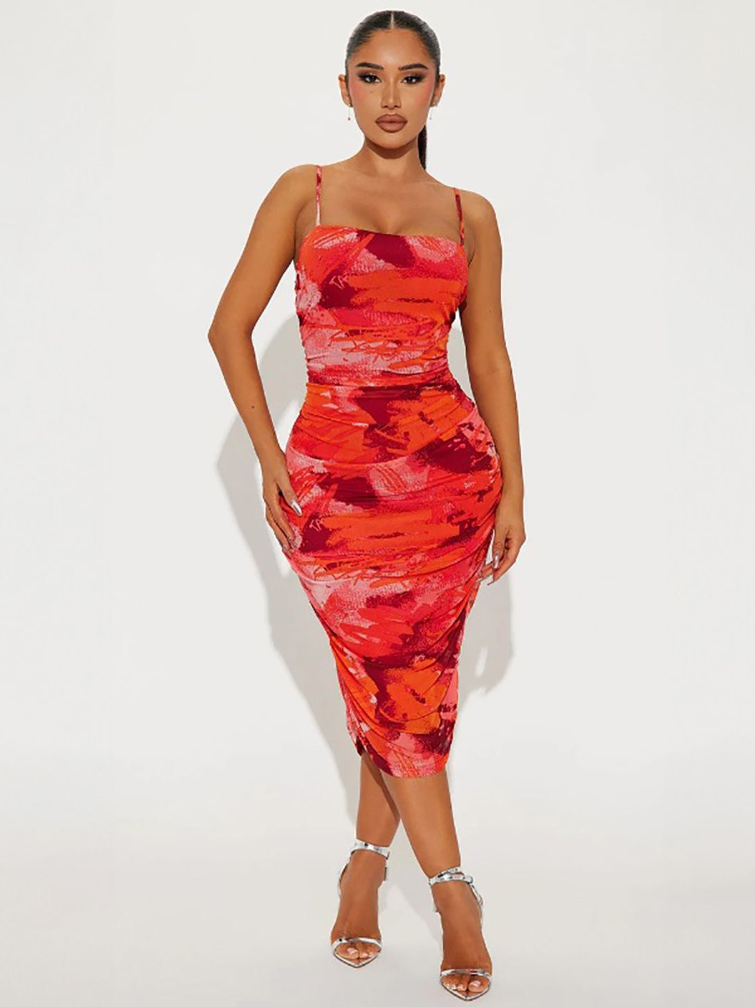 

StyleCast x Revolte Women Tie and Dye Printed Bodycon Midi Dress, Red