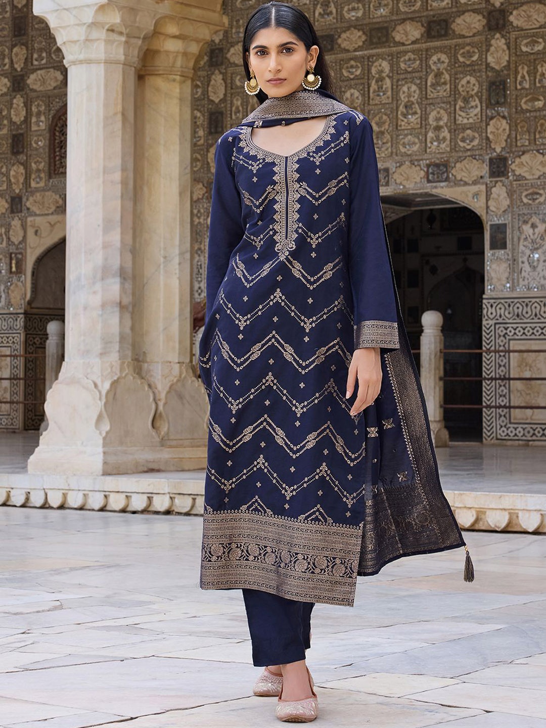 

KALINI Ethnic Motifs Woven Design Kurta With Trousers & Dupatta, Navy blue