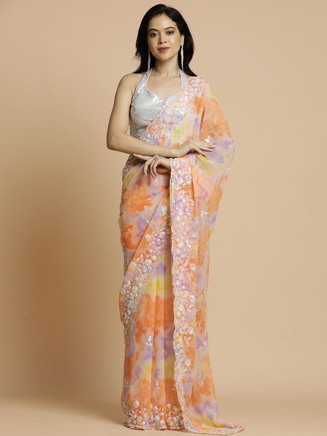 

Jaipur Kurti Sequinned Pure Georgette Saree, Orange