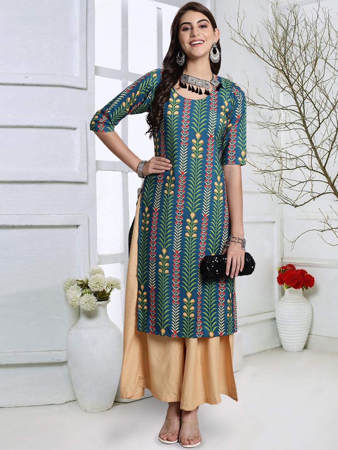 

7Threads Floral Printed Straight Kurta, Blue