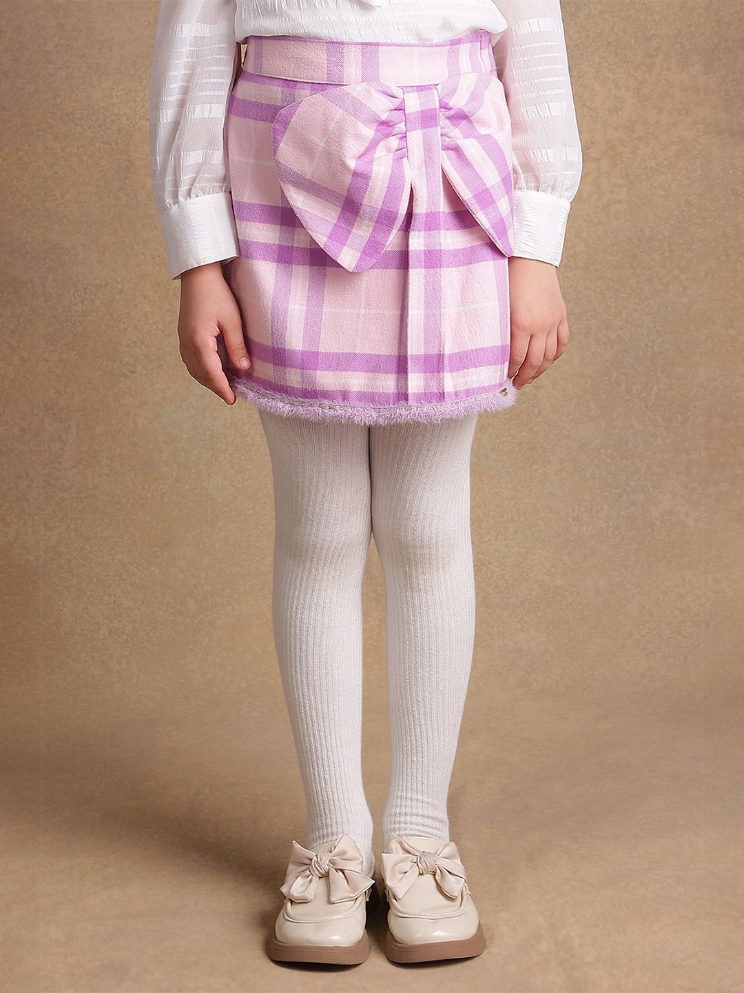 

One Friday Girls Checked Bow Detailed Straight Skirt, Pink