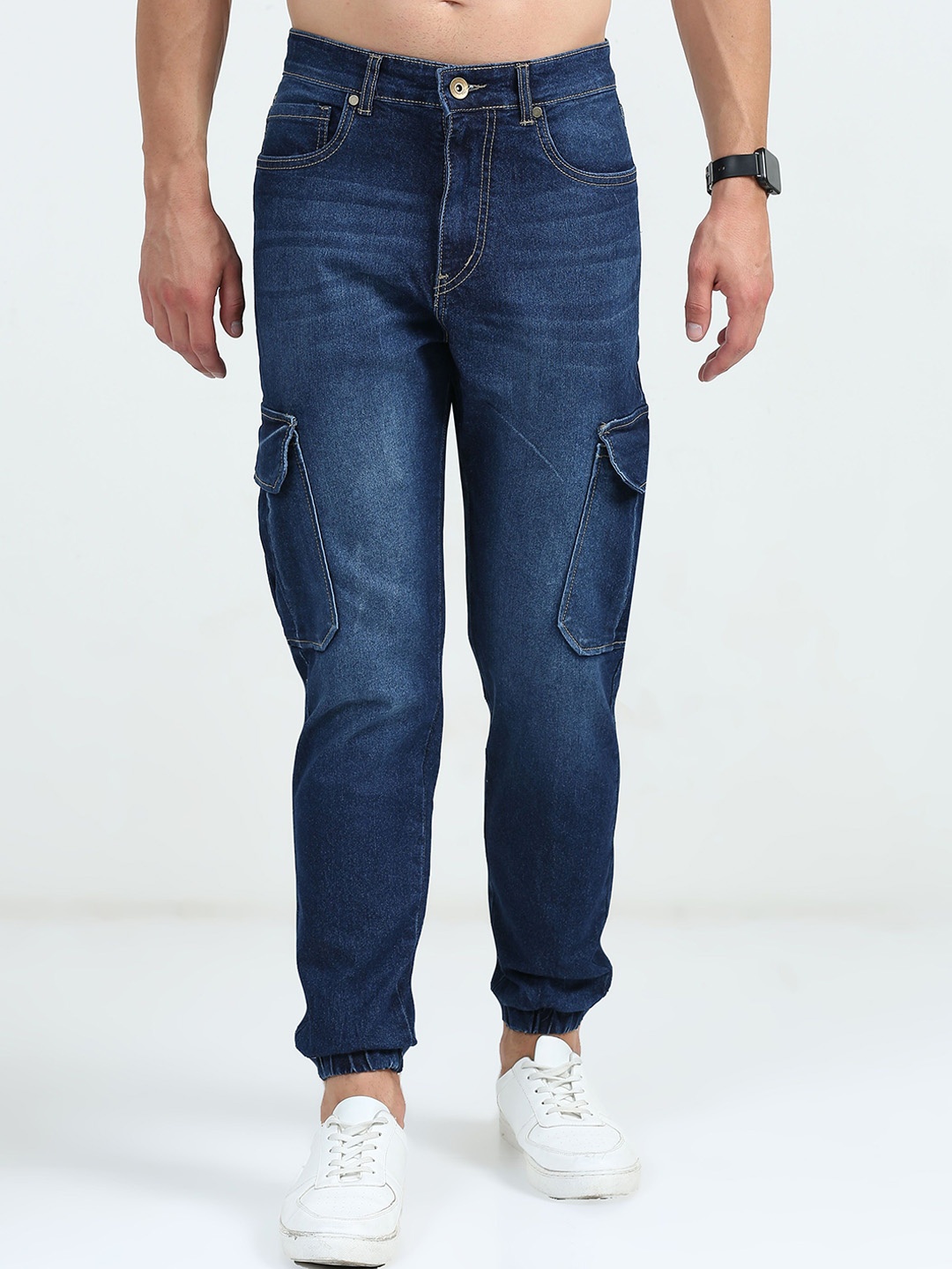 

Mast & Harbour Men Comfort Straight Fit Stretchable Cargo Jeans, Blue