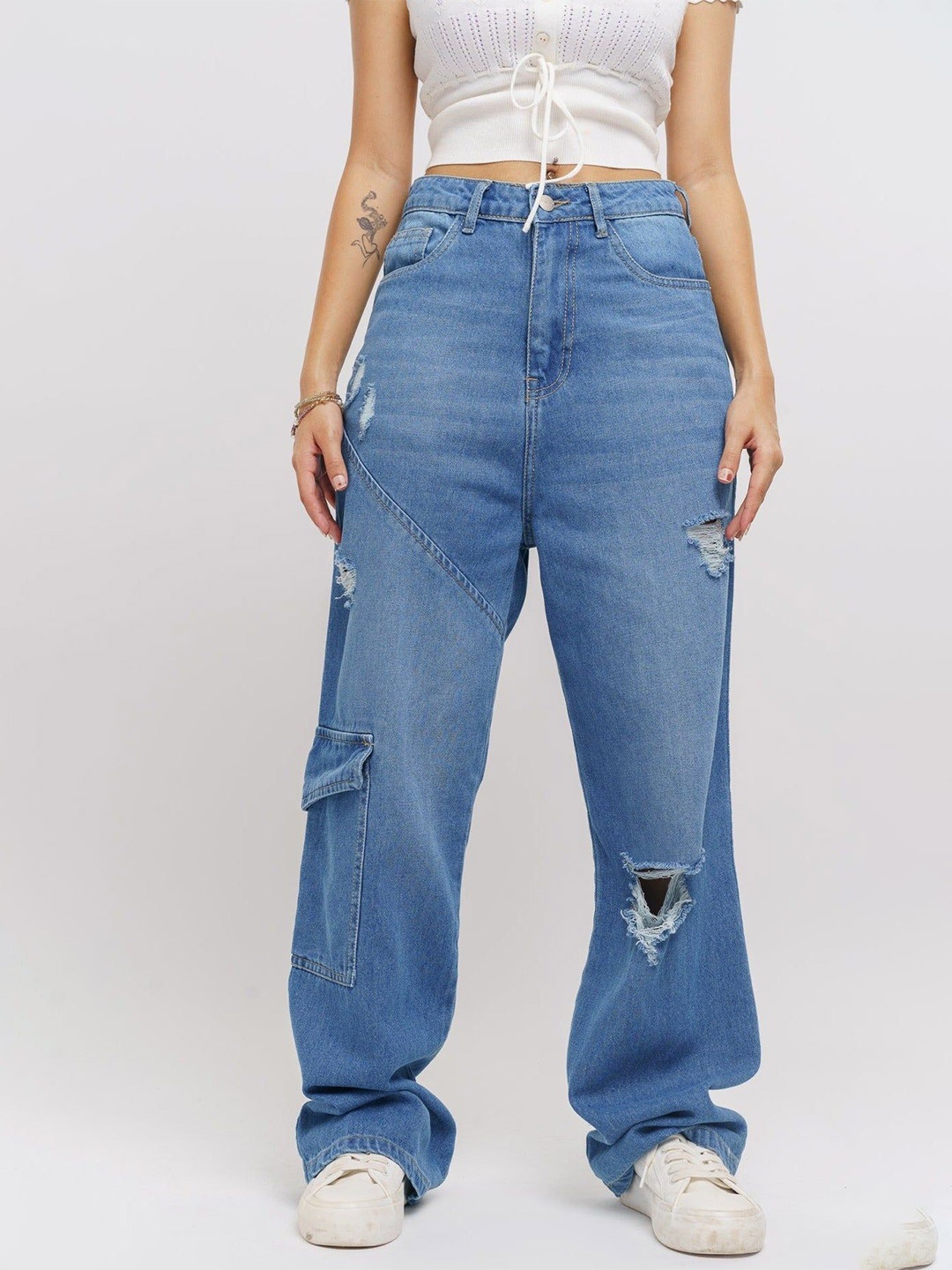 

FREAKINS Women Cotton Straight Fit High-Rise Mildly Distressed Jeans, Blue