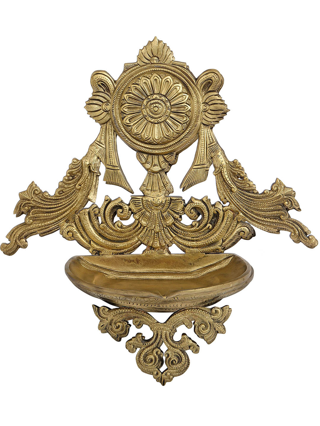 

Exotic India 15" Vaishnava Chakra Decorated Puja Lamp (Hoysala Art) in Bronze, Gold