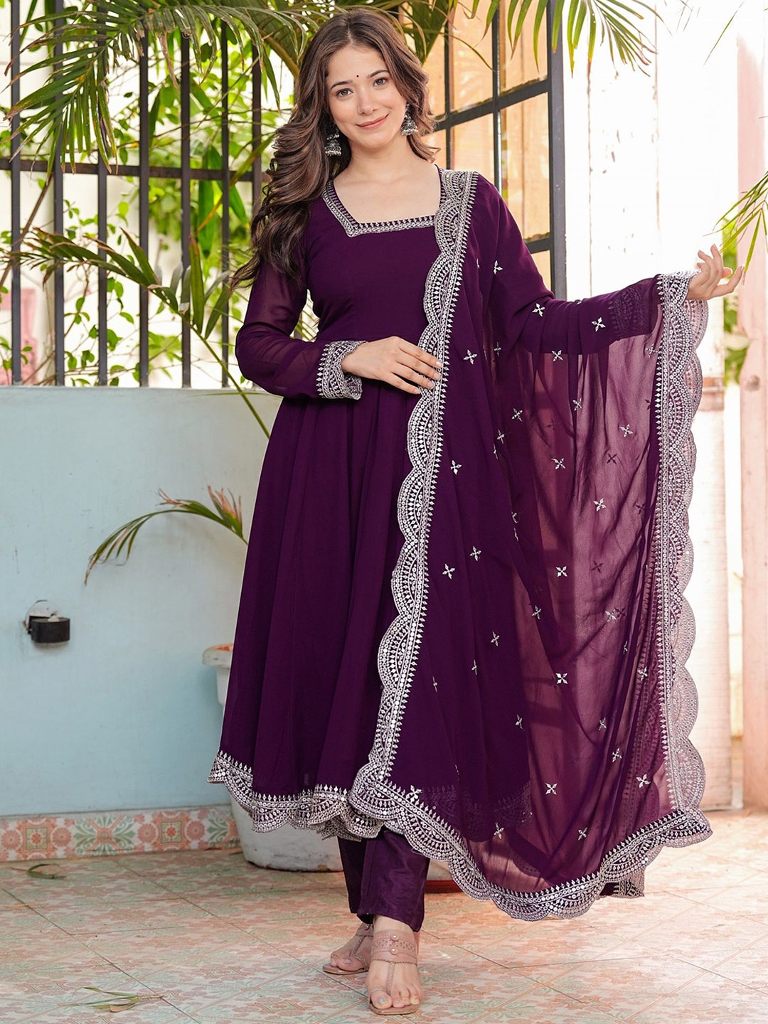 

Sitaram Designer Yoke Design Pleated Thread Work Anarkali Kurta With Trousers & Dupatta, Purple