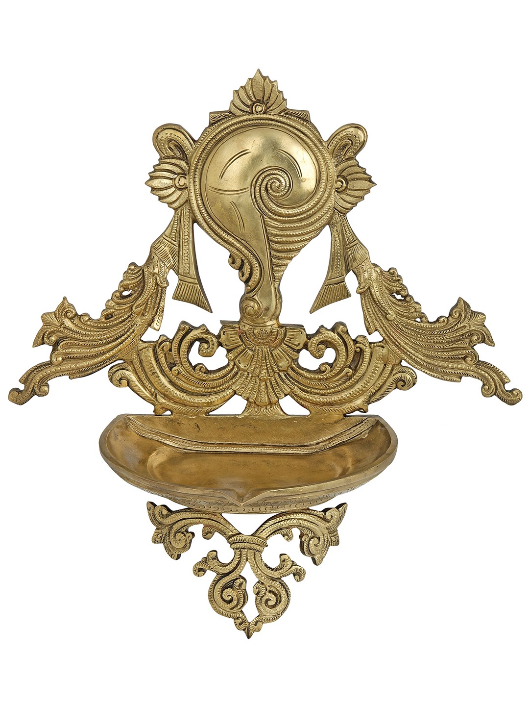 

Exotic India 15" Bronze Vaishnava Conch Stylized Wick Lamp, Gold