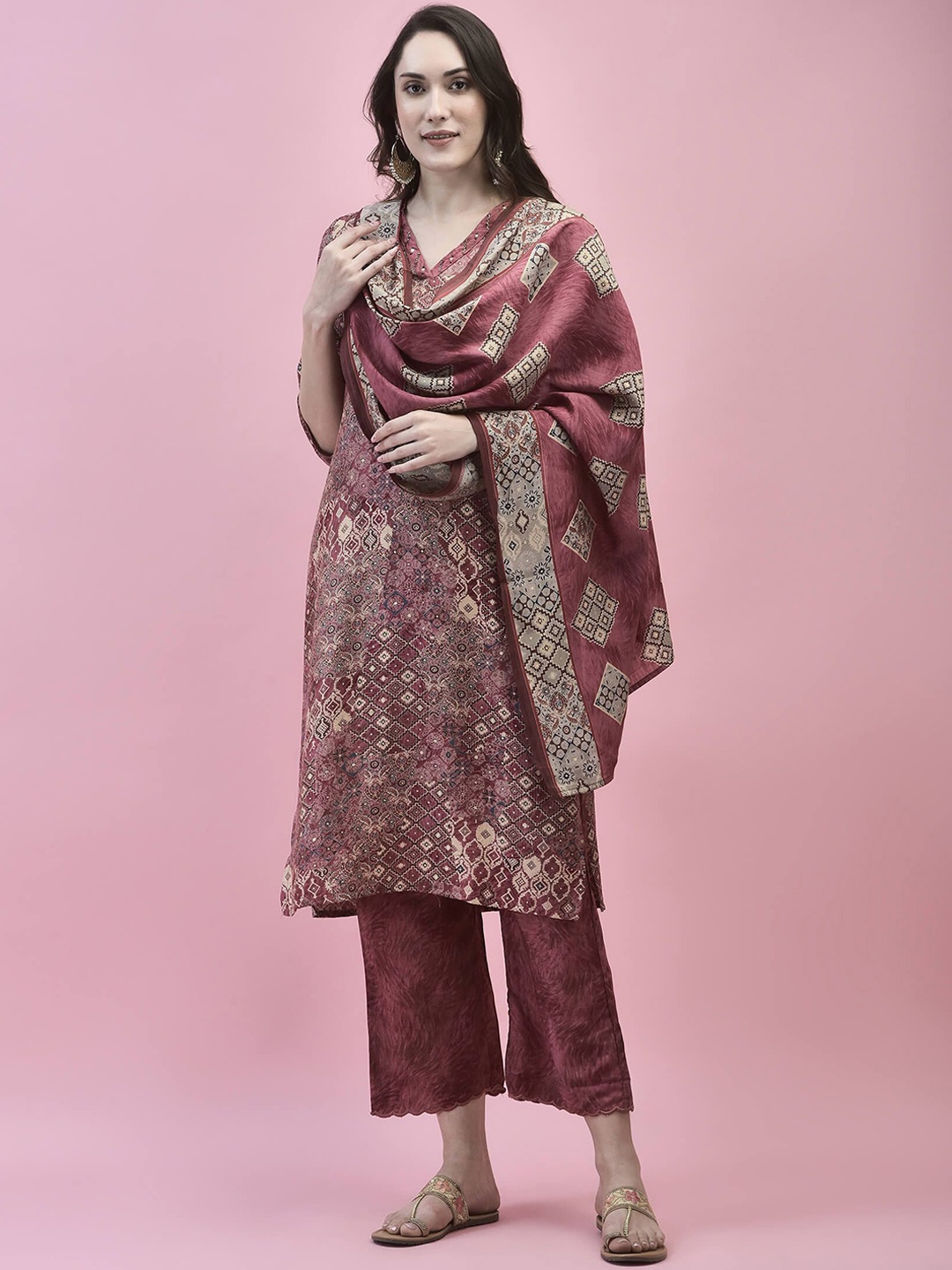 

Shree Abstract Printed Liva Straight Kurta & Trousers With Dupatta, Pink