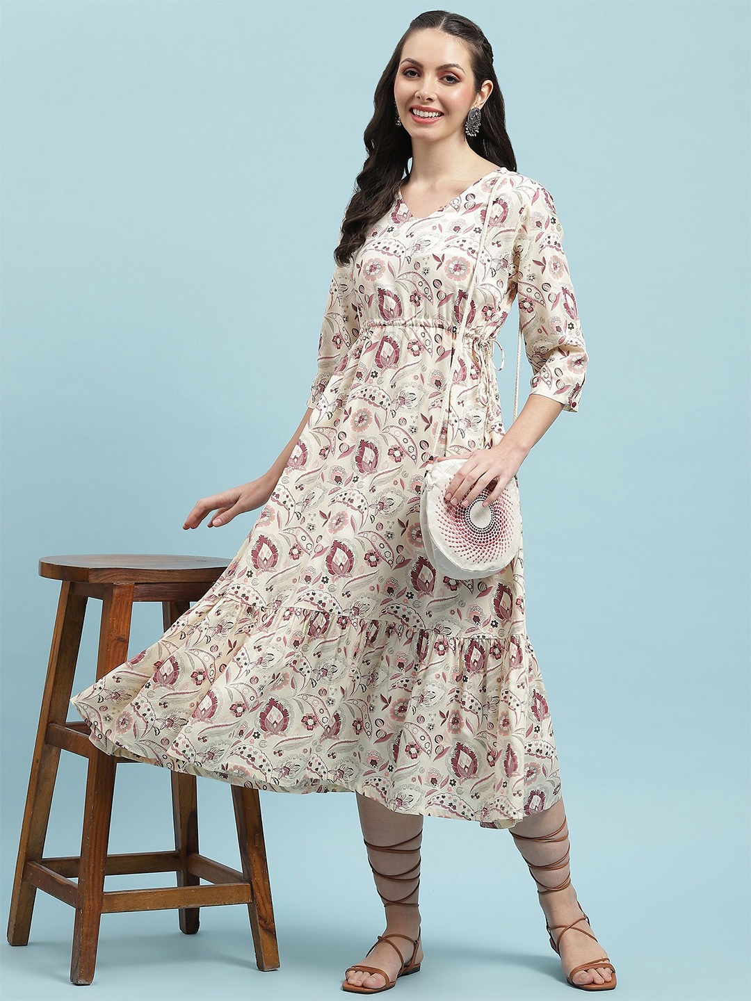 

Shree Floral Print Liva Fit & Flare Maxi Dress, Cream