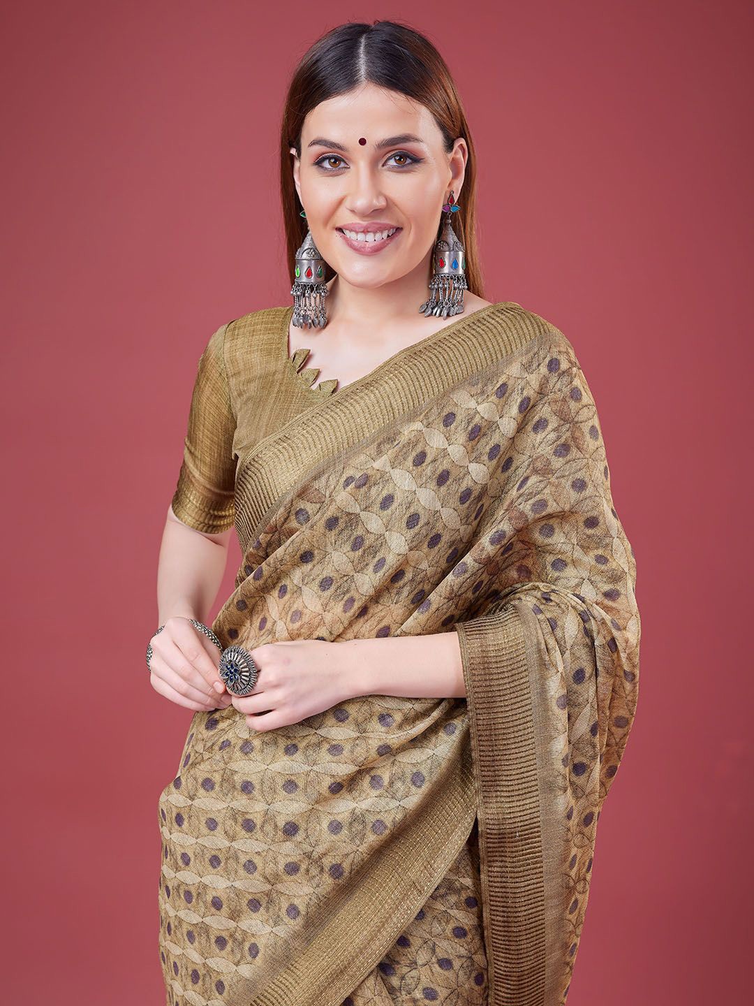 

DOI MOI Ethnic Motifs Zari Silk Cotton Banarasi Saree, Brown