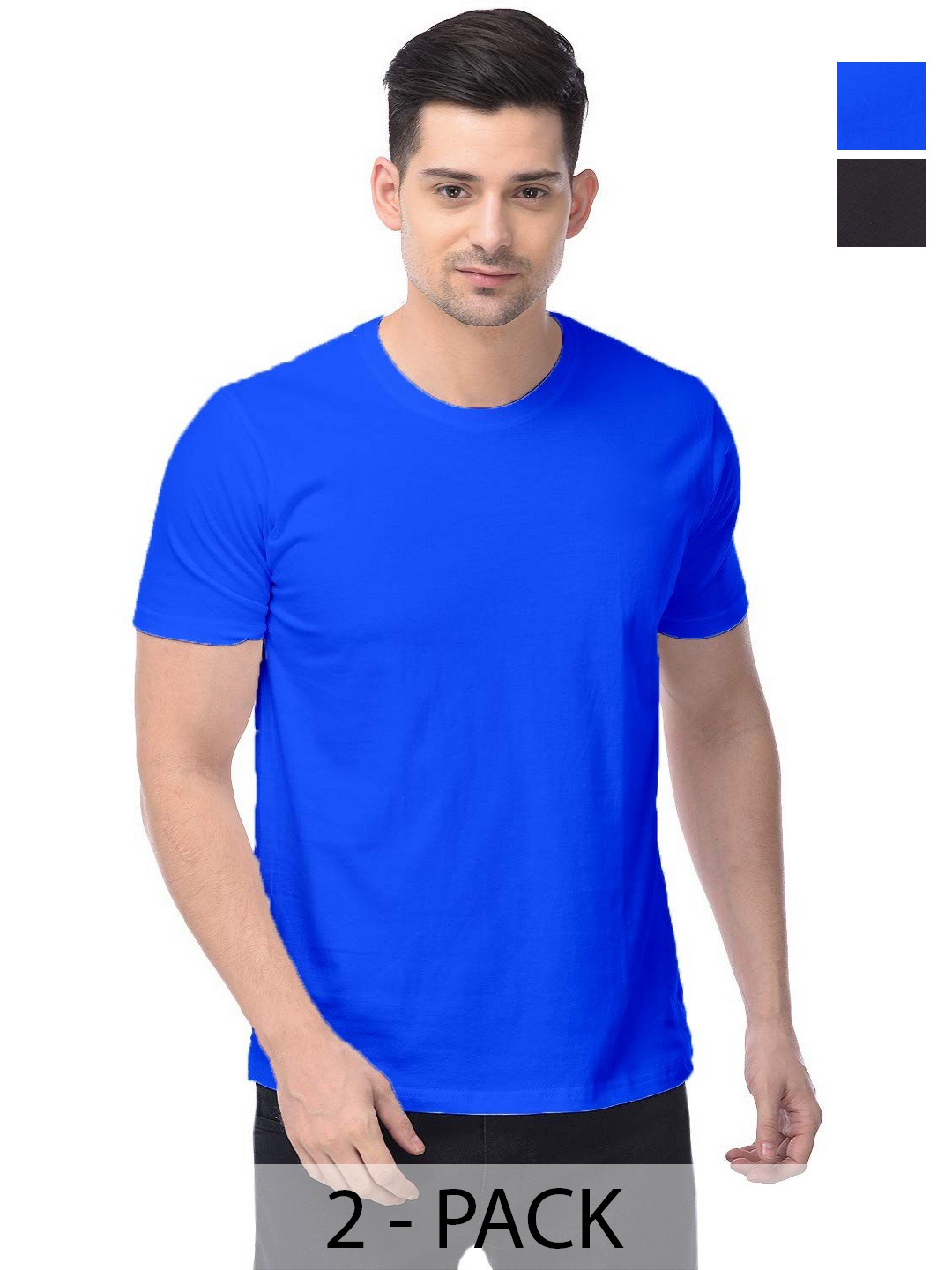 

COLOR CAPITAL Unisex Pack Of 2 Solid Round Neck Cotton T-shirts, Blue