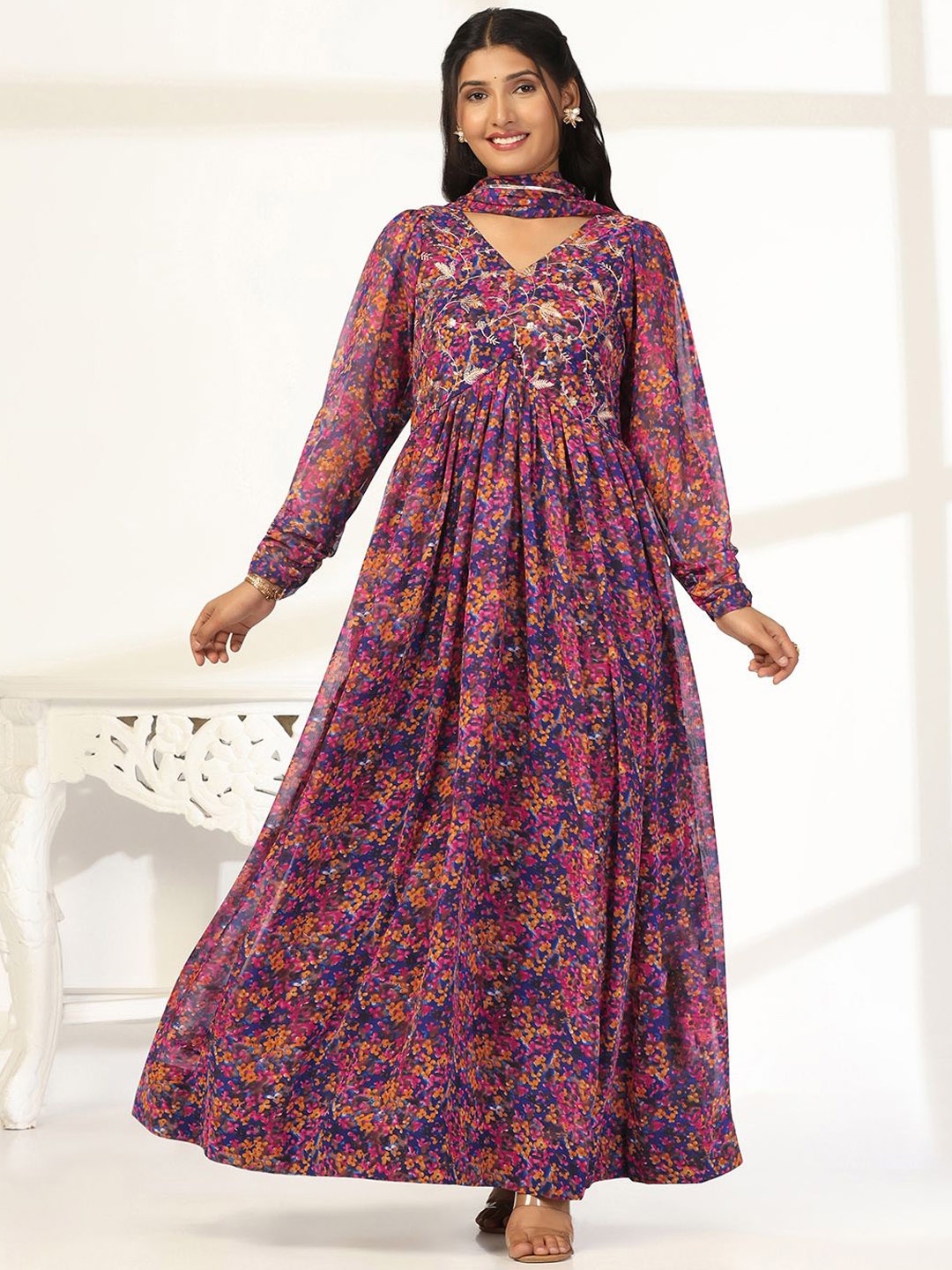 

BAESD Floral Printed Maxi Ethnic Dress With Dupatta, Blue