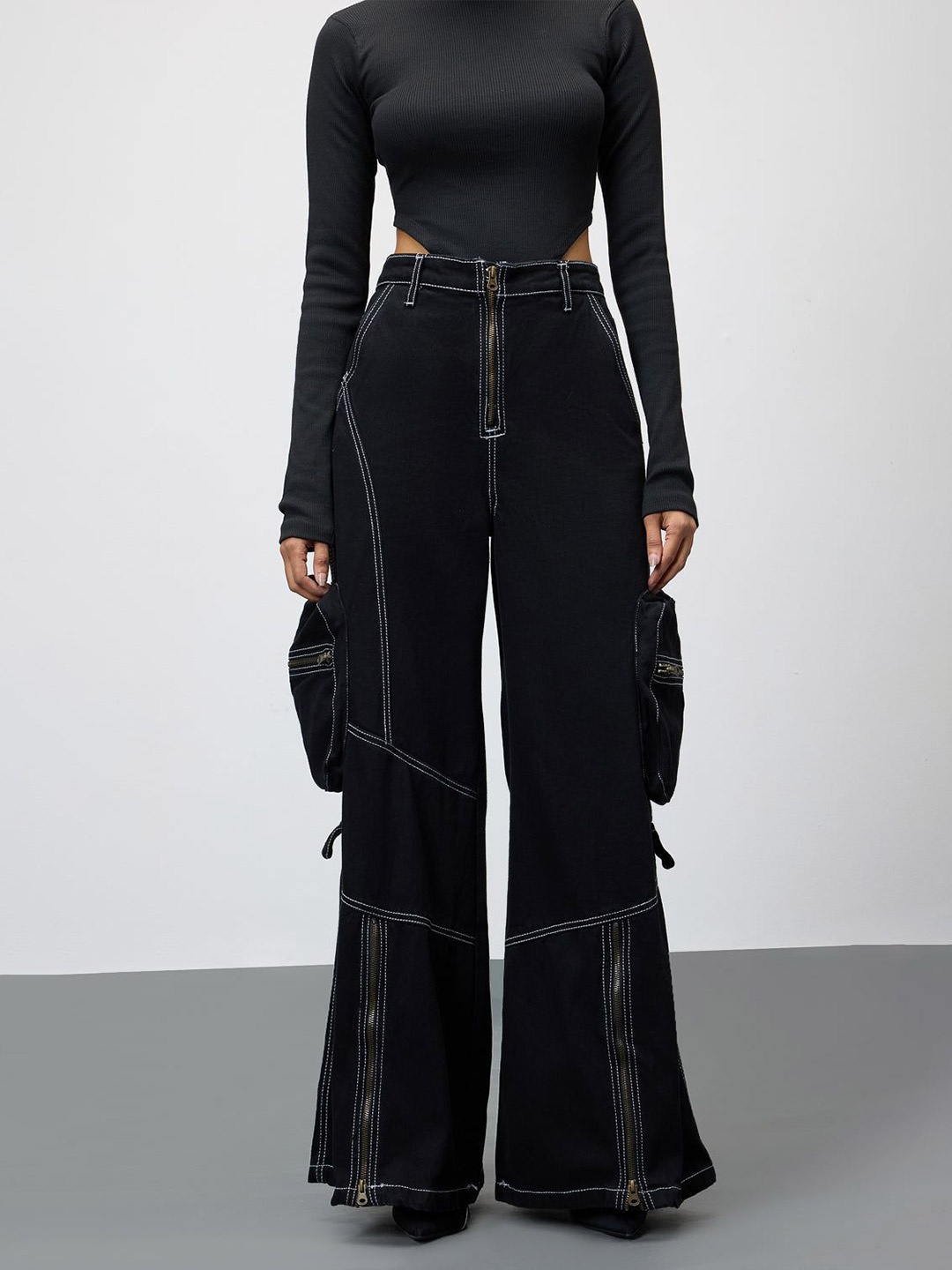 

FREAKINS Women Cotton Wide Leg High-Rise Jeans, Black