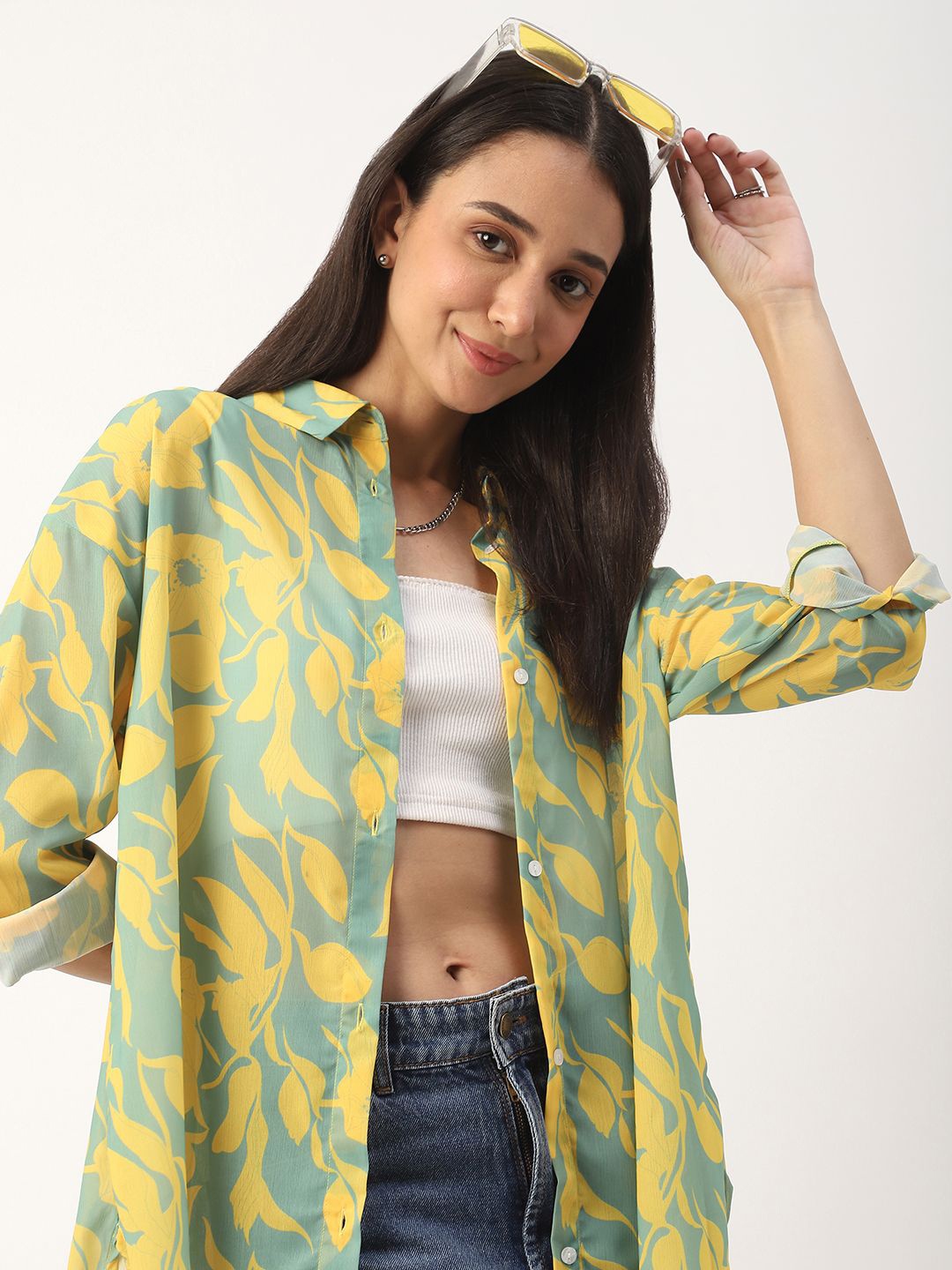 

VASTRADO Women Classic Spread Collar Floral Printed Oversized Casual Shirt, Yellow