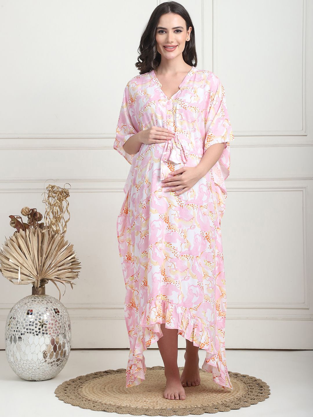 

Secret Wish Abstract Printed V-Neck Midi Kaftan Nightdress, Pink