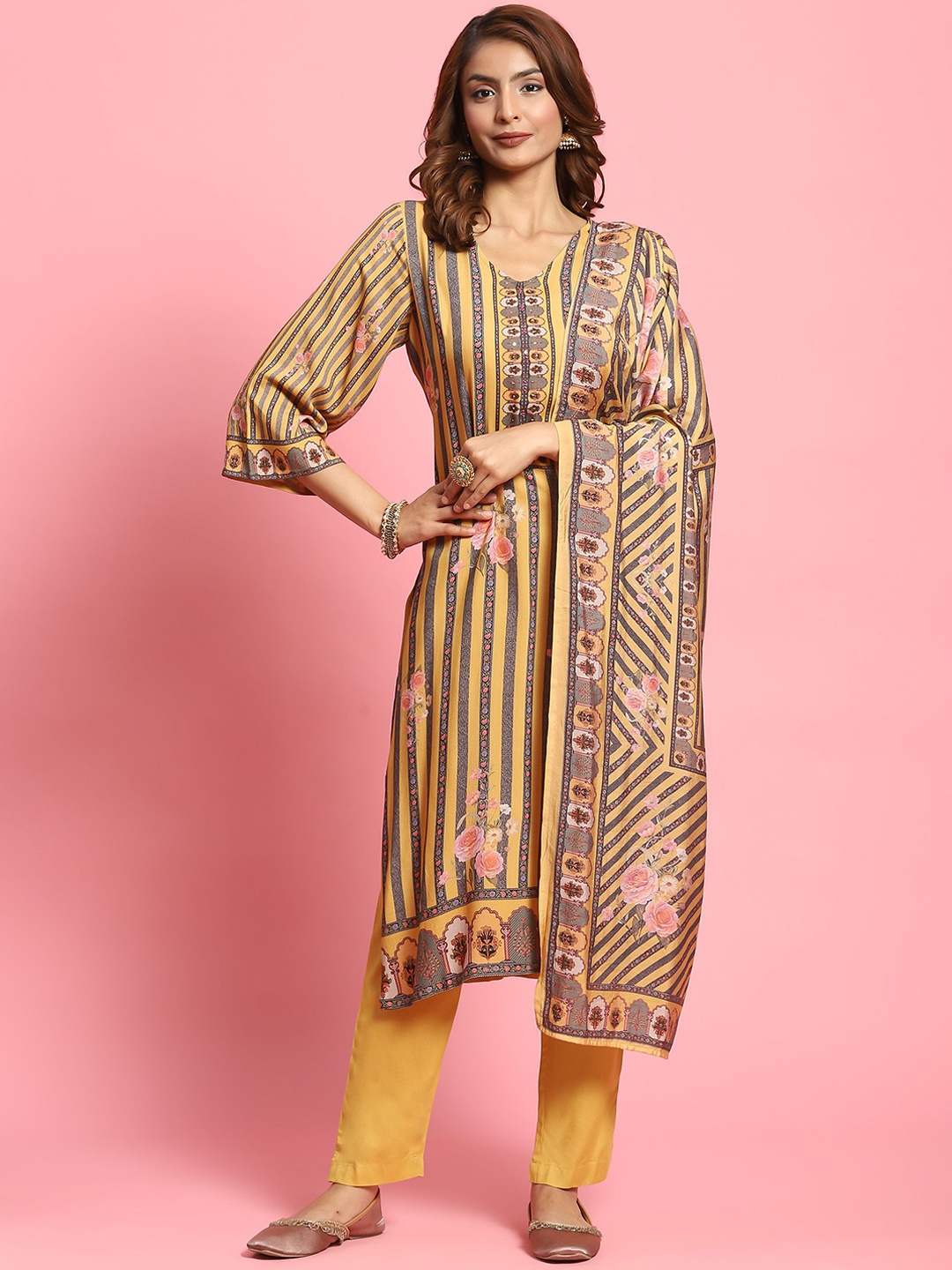 

Shree Striped Liva Straight Kurta & Trousers With Dupatta, Mustard