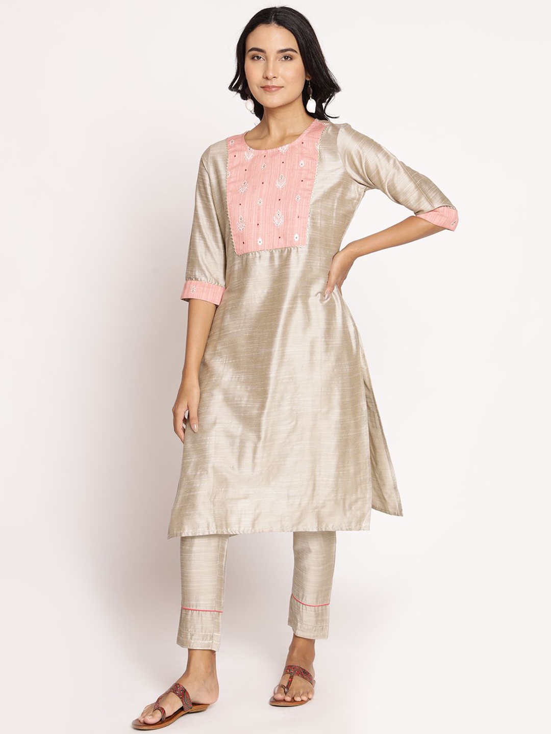 

Shree Floral Yoke Design Round Neck Straight Kurta, Beige