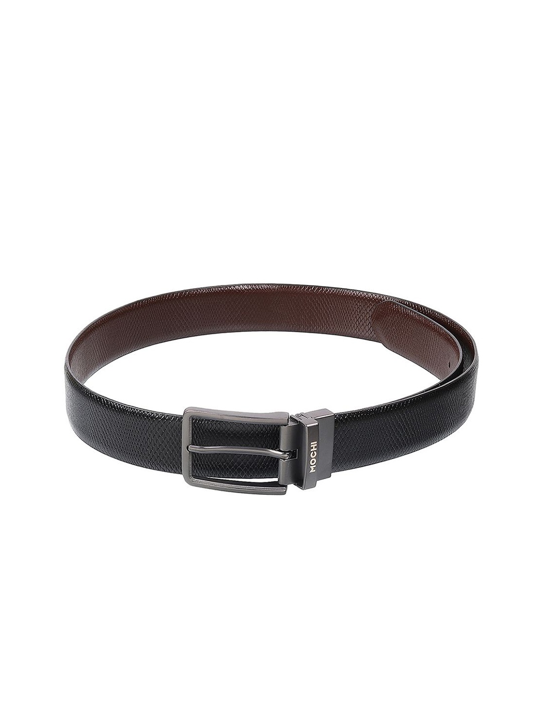 

Mochi Men Textured Tang Closure Leather Reversible Belt, Black