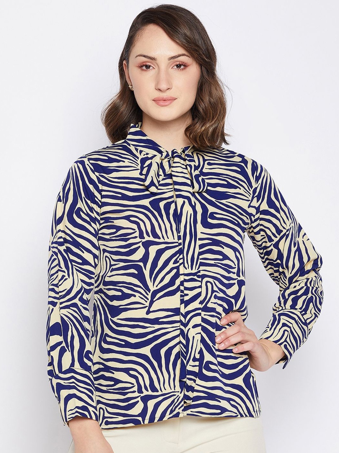 

Murcia Women Abstract Printed Tie-Up Neck Top, Blue