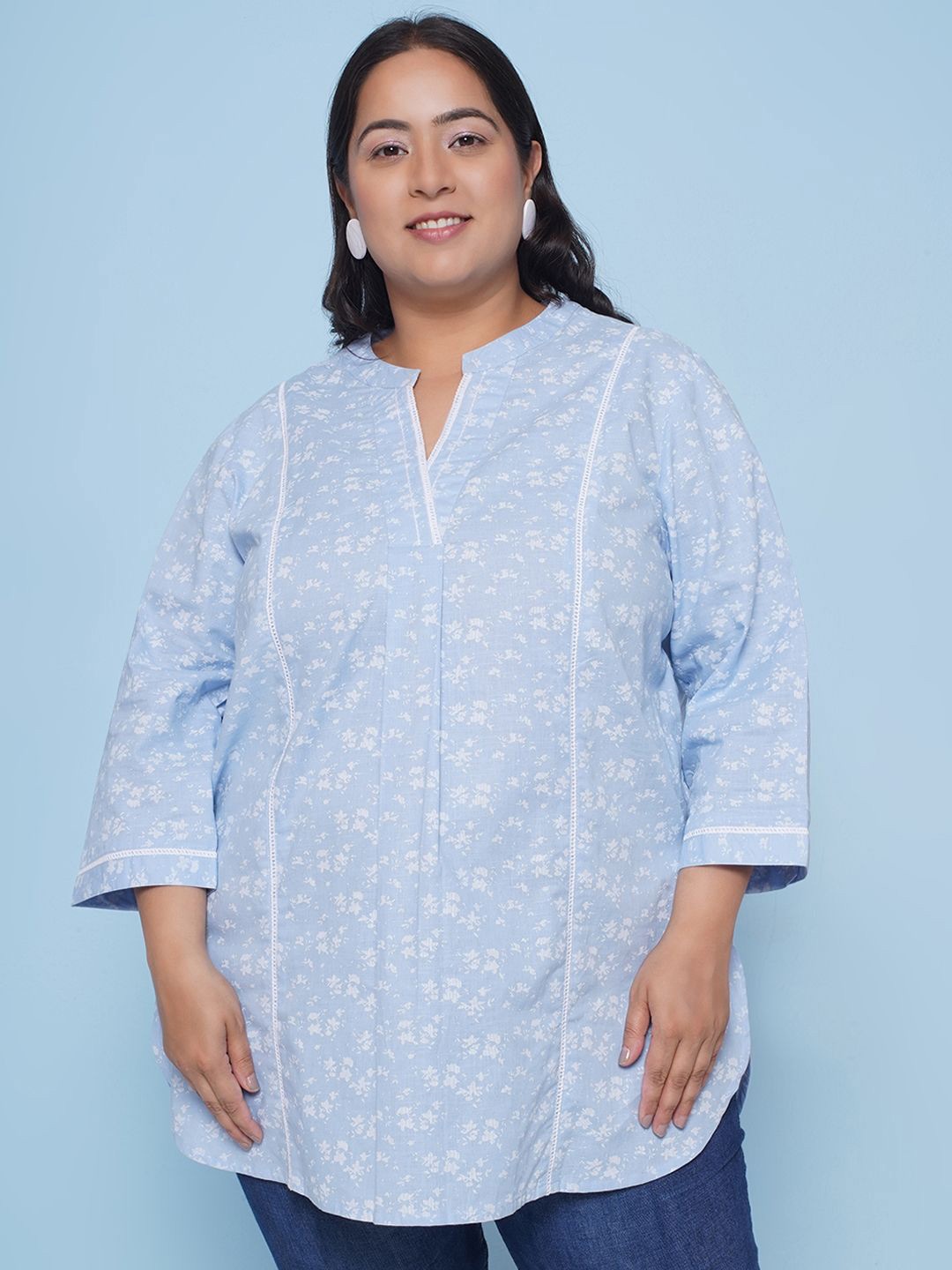 

Kiaahvi by JOHN PRIDE Women Abstract Printed Mandarin Collar Cotton Top, Blue