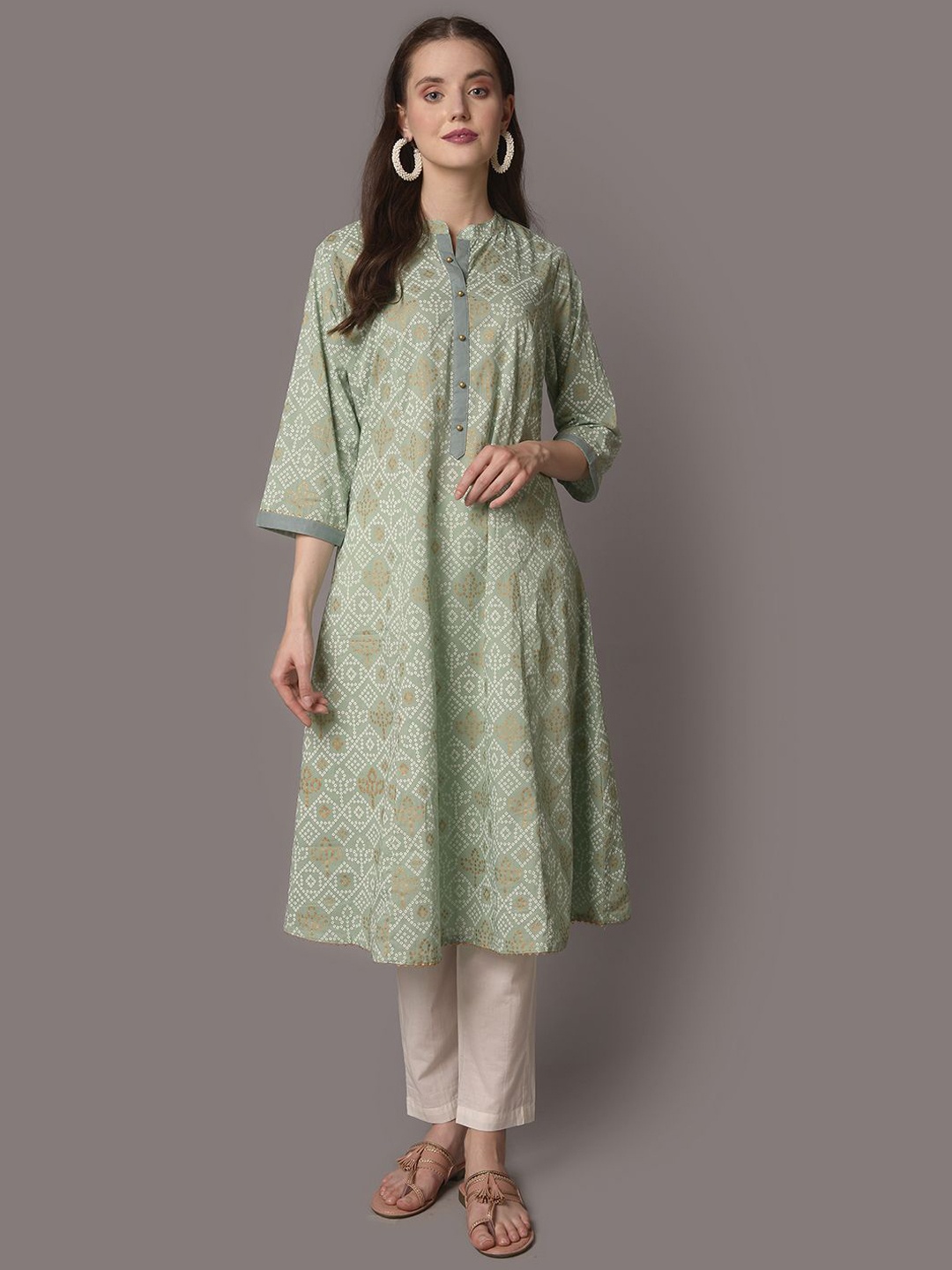 

Shree Bandhani Printed Cotton A Line Kurta, Green