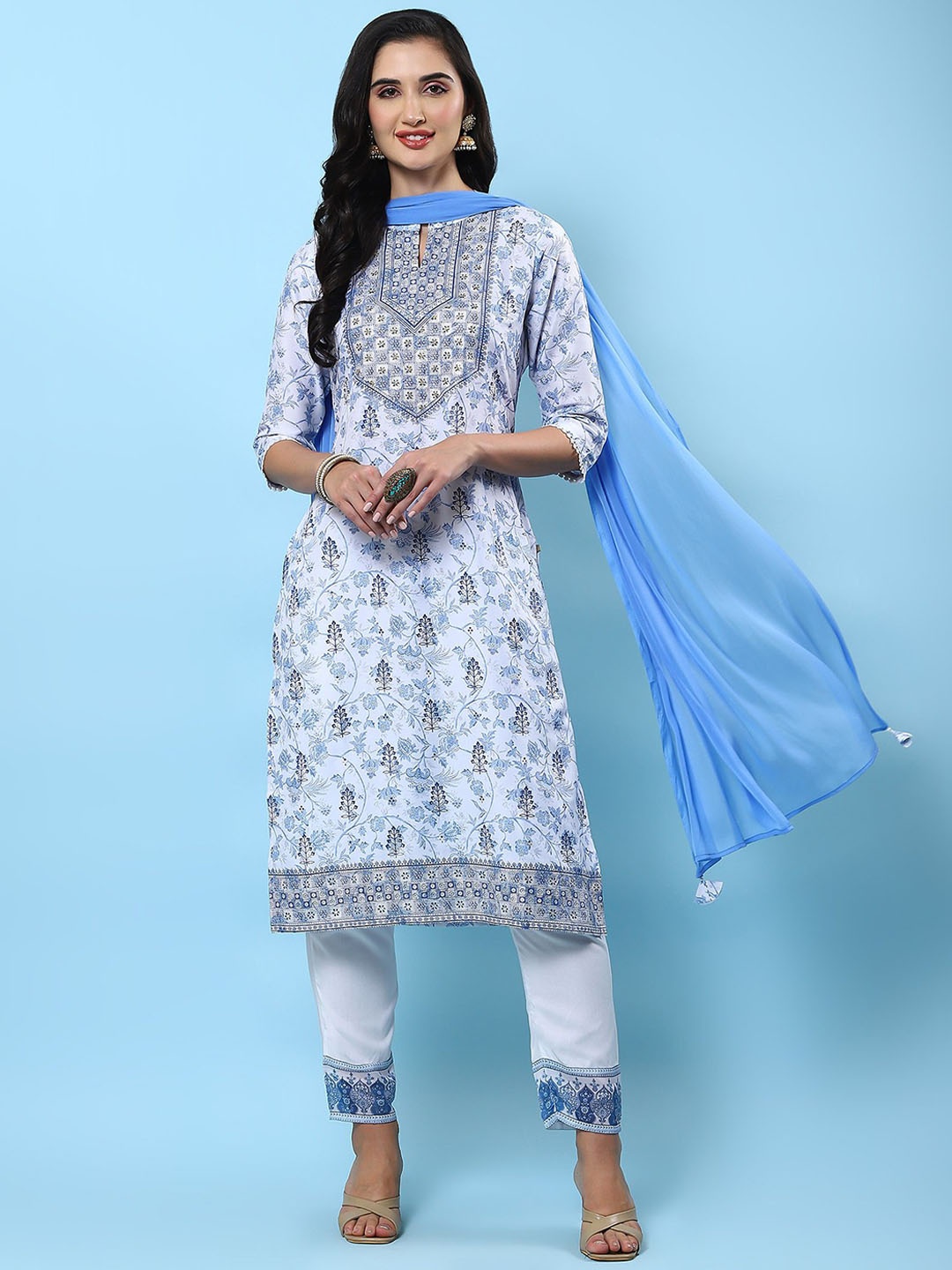 

Shree Floral Printed Sequinned Mandarin Collar Straight Kurta With Trousers & Dupatta, White