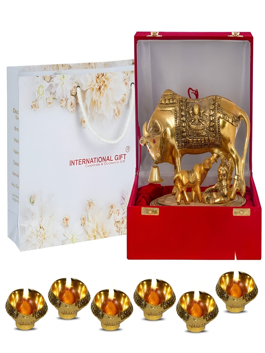 

INTERNATIONAL GIFT 7 Pieces Bronze Kamdhenu And Calf Idol & Diya With Box