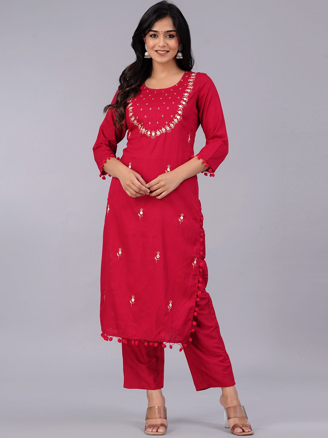 

ASHRU Floral Embroidered Mirror Work Straight Kurta With Trousers, Red