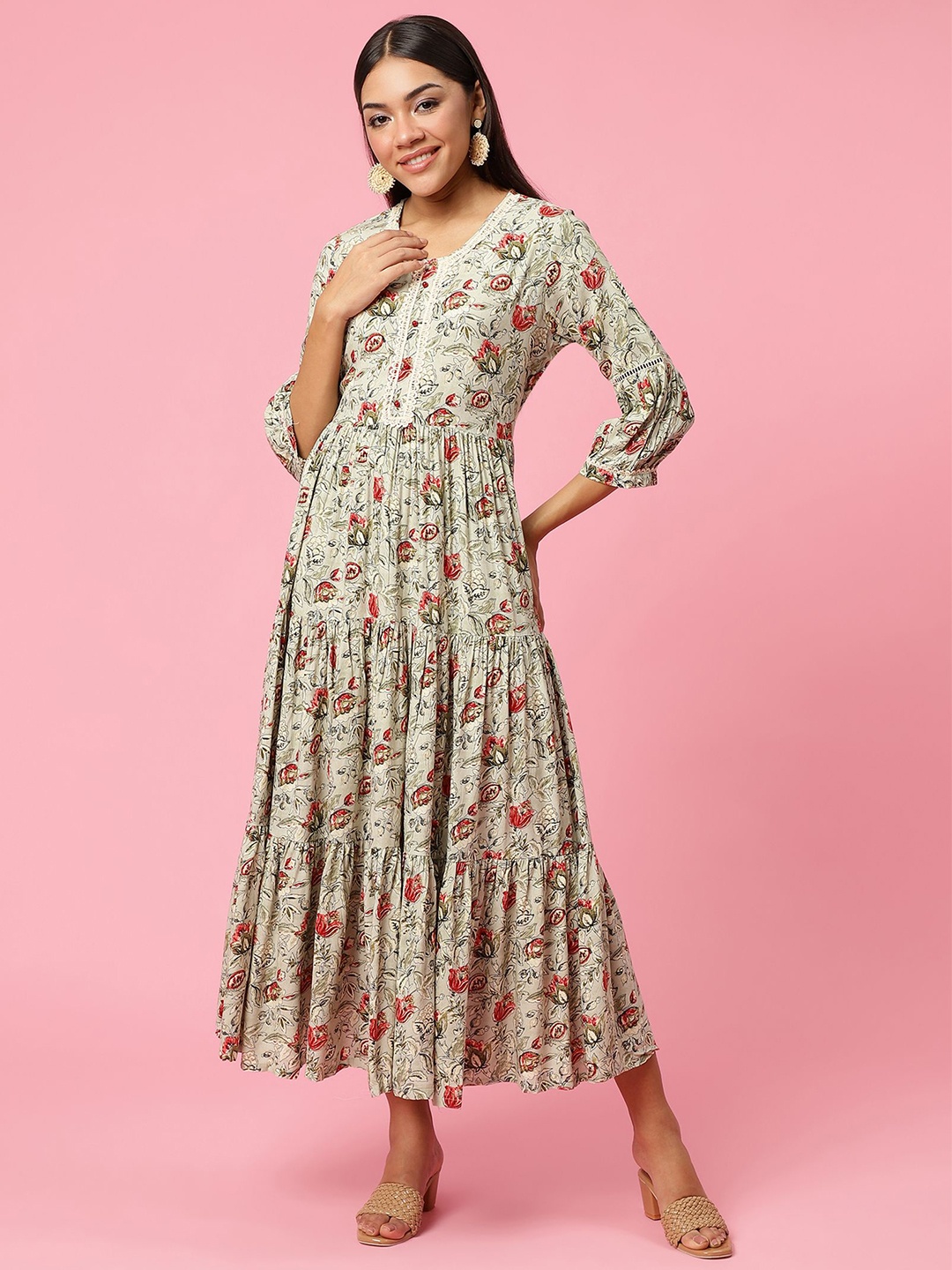 

Shree Women Floral Printed Bishop Sleeves Fit & Flare Maxi Dress, Grey