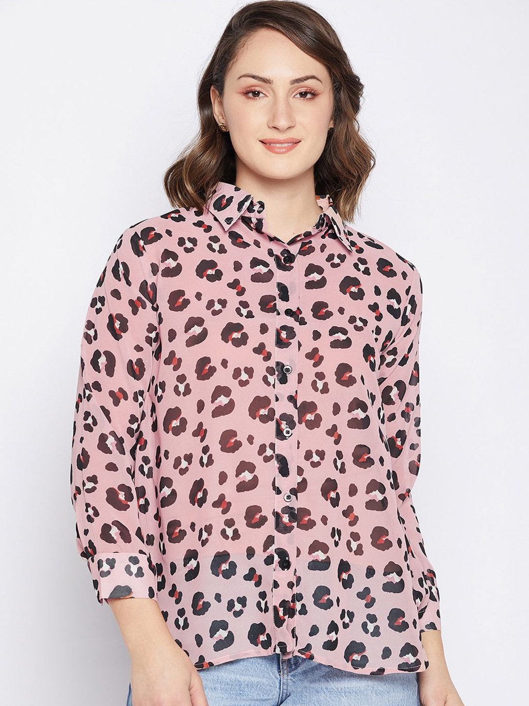 

Murcia Animal Print Mandarin Collar Georgette Top, Pink