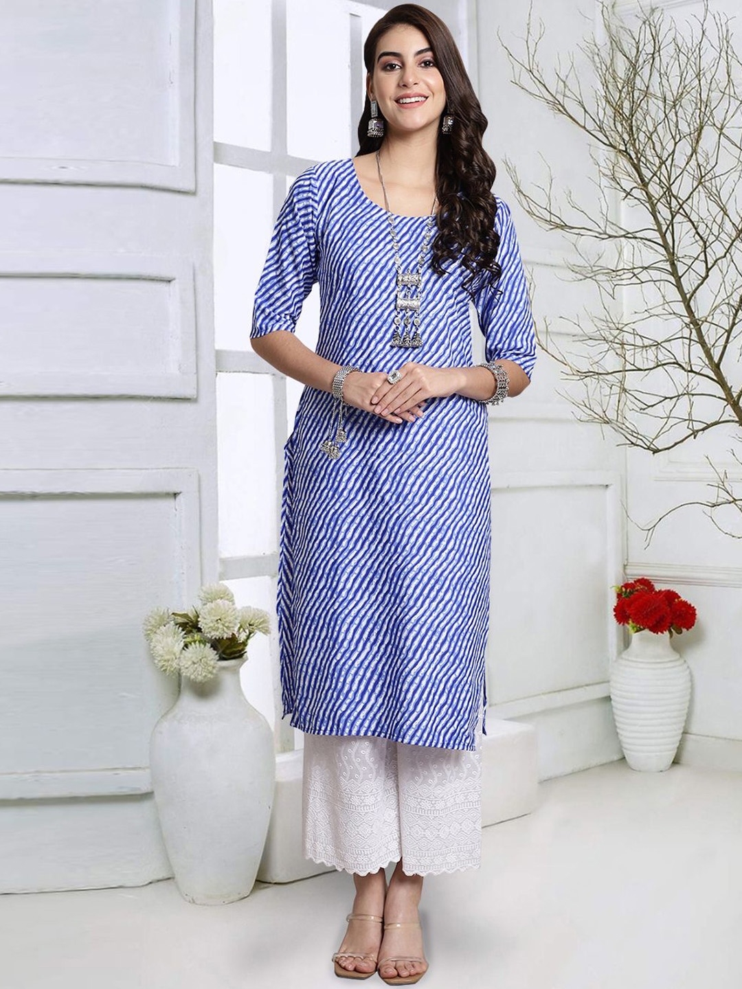 

7Threads Leheriya Printed Round Neck Crepe Straight Kurta, Blue