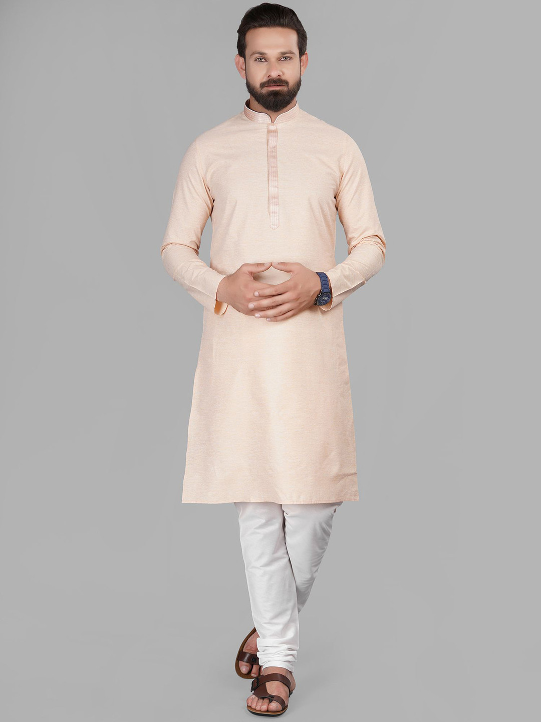 

LA'SCOOT Thread Work Stand Collar Straight Kurta with Pyjamas, Beige