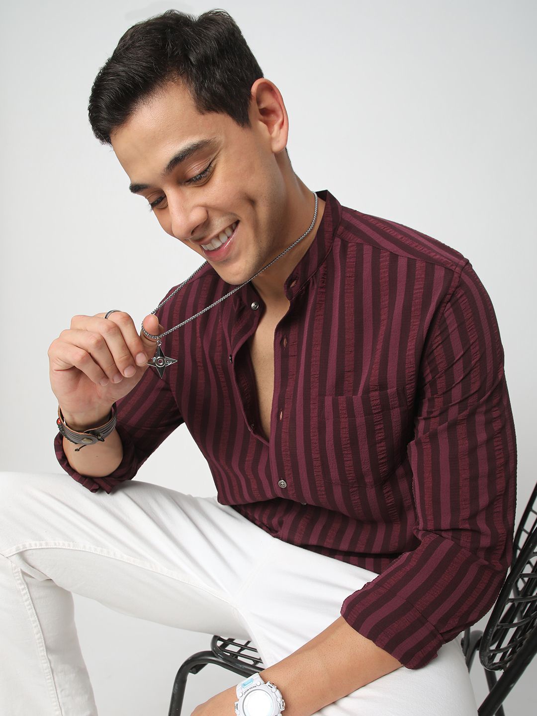 

VASTRADO Men Classic Band Collar Striped Slim Fit Casual Shirt, Maroon